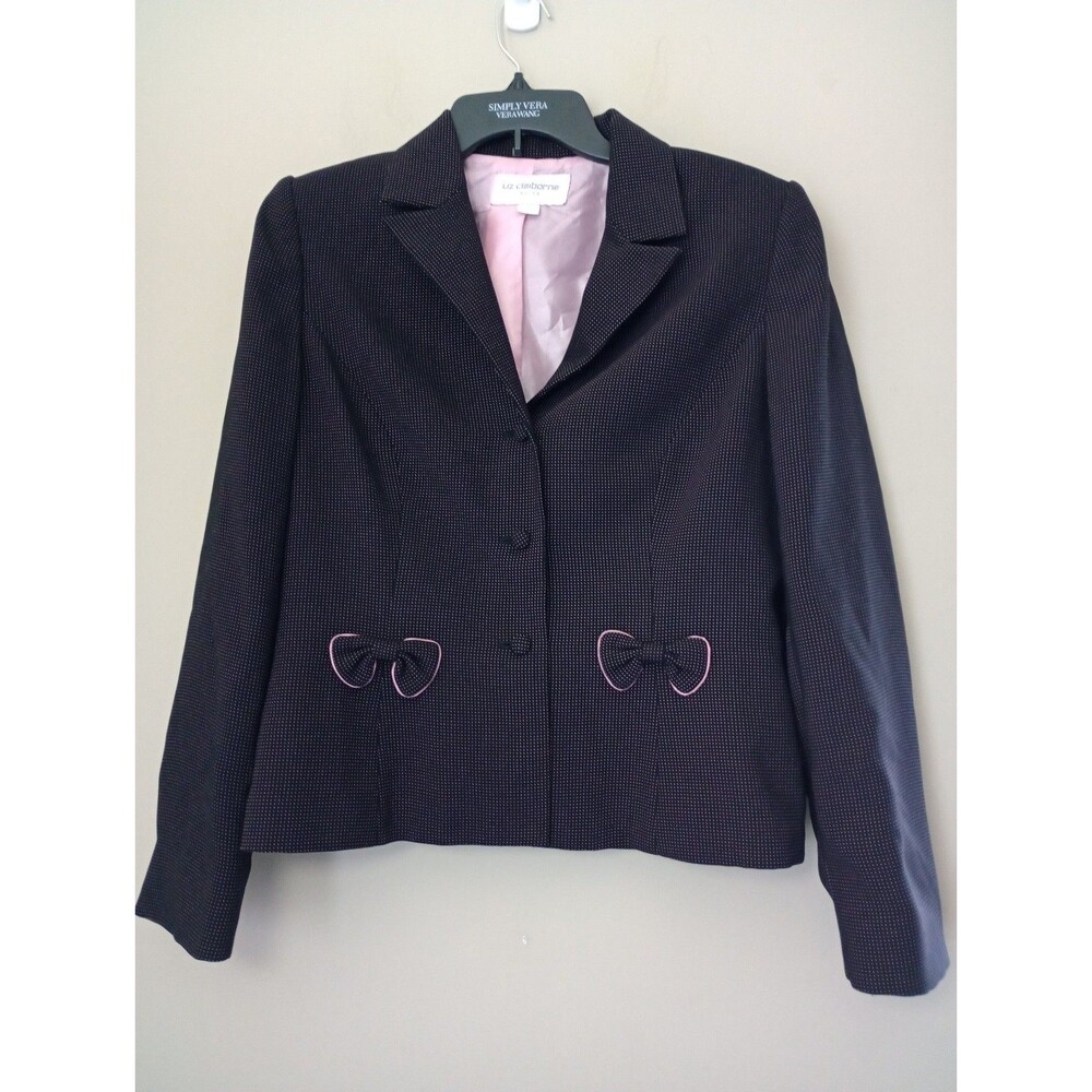 Liz Claiborne Black with Pink Polka Dots Bow Details 3 Button Blazer Size 10